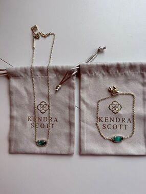Kendra Scott Gold Chain Necklace and Bracelet set with Green Oval Stone